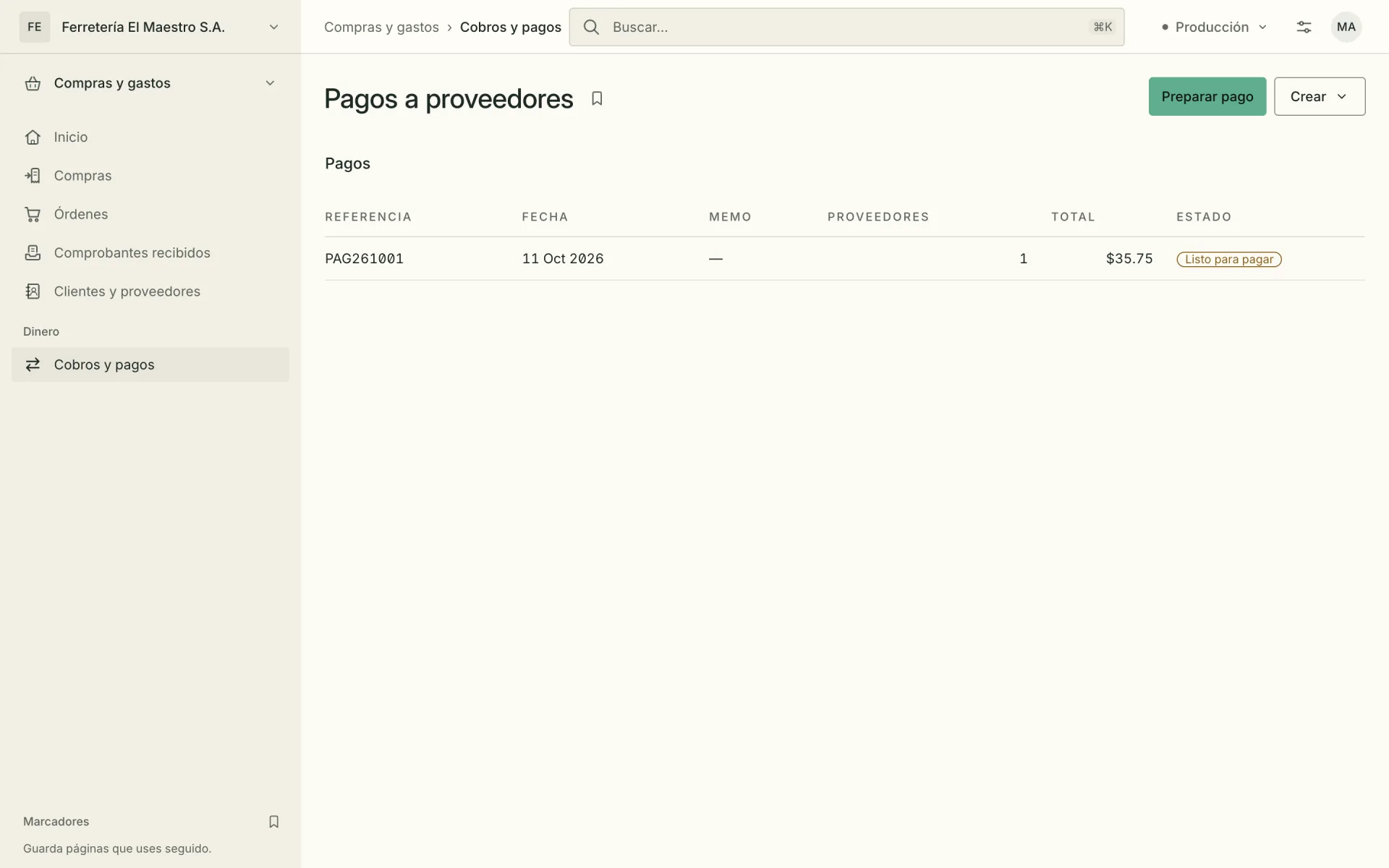 Pagos a proveedores con un pago listo para pagar