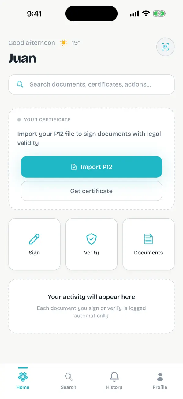 Pantalla de inicio de Datil: importar un certificado P12 y acceder a Firma, Verificación y Documentos.